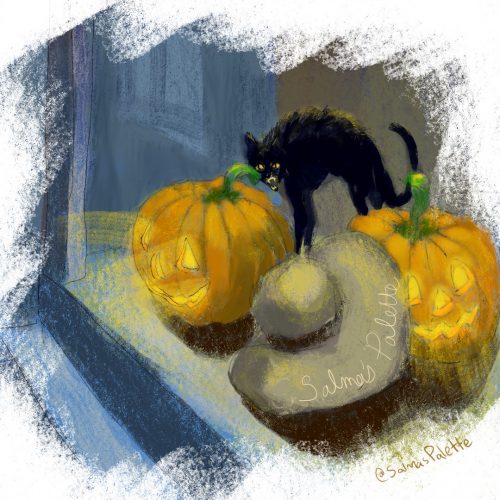 Happy Halloween with 2 pumpkins and a black cat in front of the stairs of a house or apartment