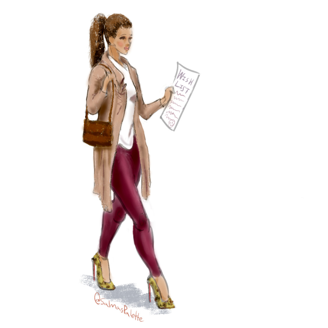 fashion sketch girl holding a wish list