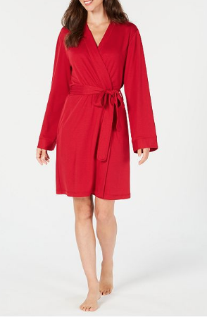 woman wearing a red charter club wrap robe